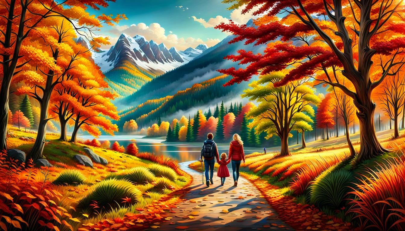 Happy Family Stroll in Colorful Autumn Landscape
