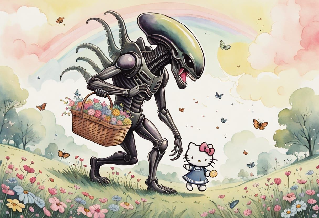 Alien and Hello Kitty Picking Flowers in Whimsical Meadow