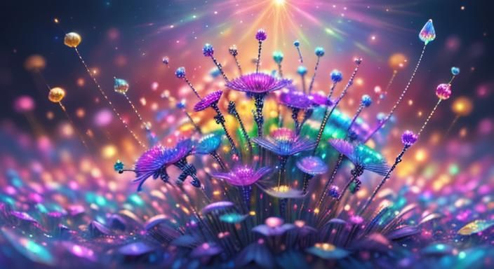 Rainbow Crystals and Flowers in Dreamy Digital Art