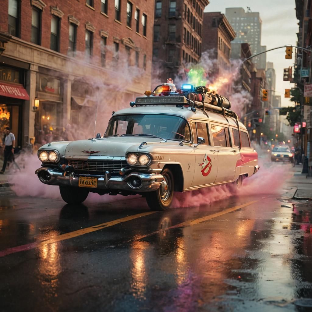 Ghostbusters: Ecto 1 speeding down the street, chasing multi coloured ethereal spirits