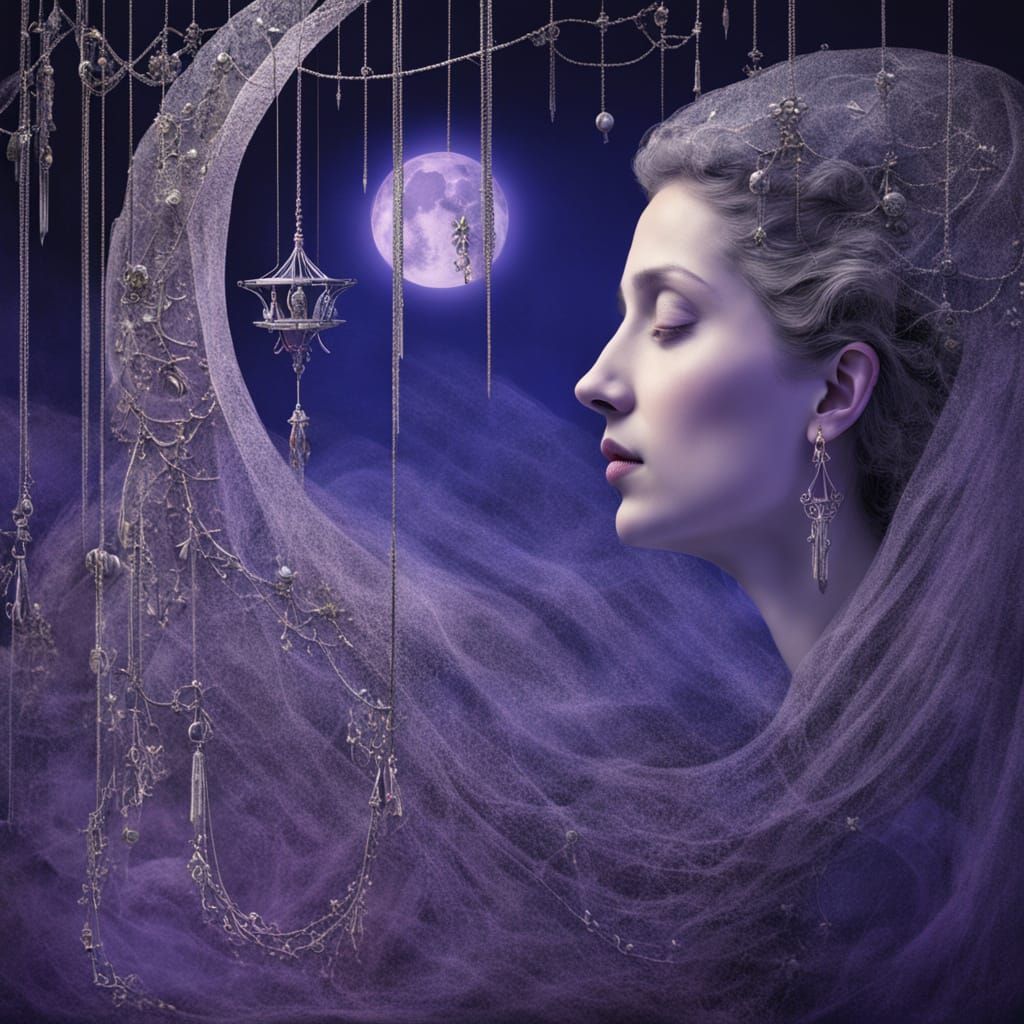 Surreal Woman Whispers to Luminous Moon in Ethereal Glow