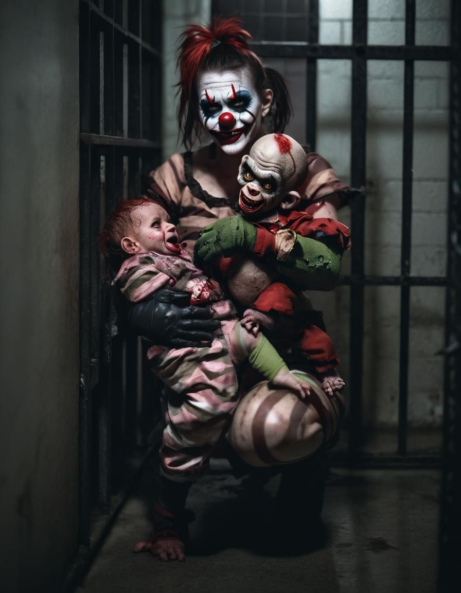 Grinning Zombie Woman Holds Premature Zombie Baby in Damp, F...