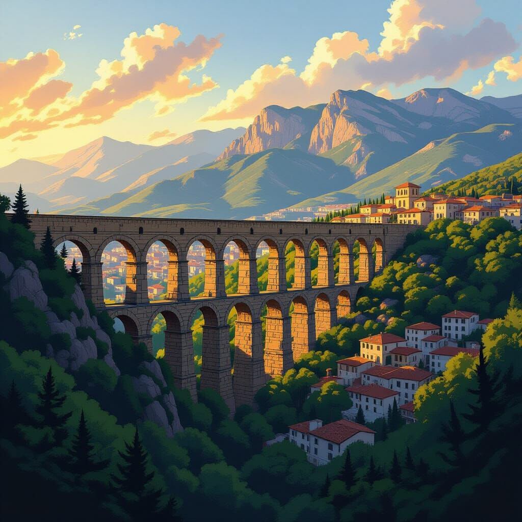 Roman Aqueduct Meets Modern Town in Dynamic Art Style