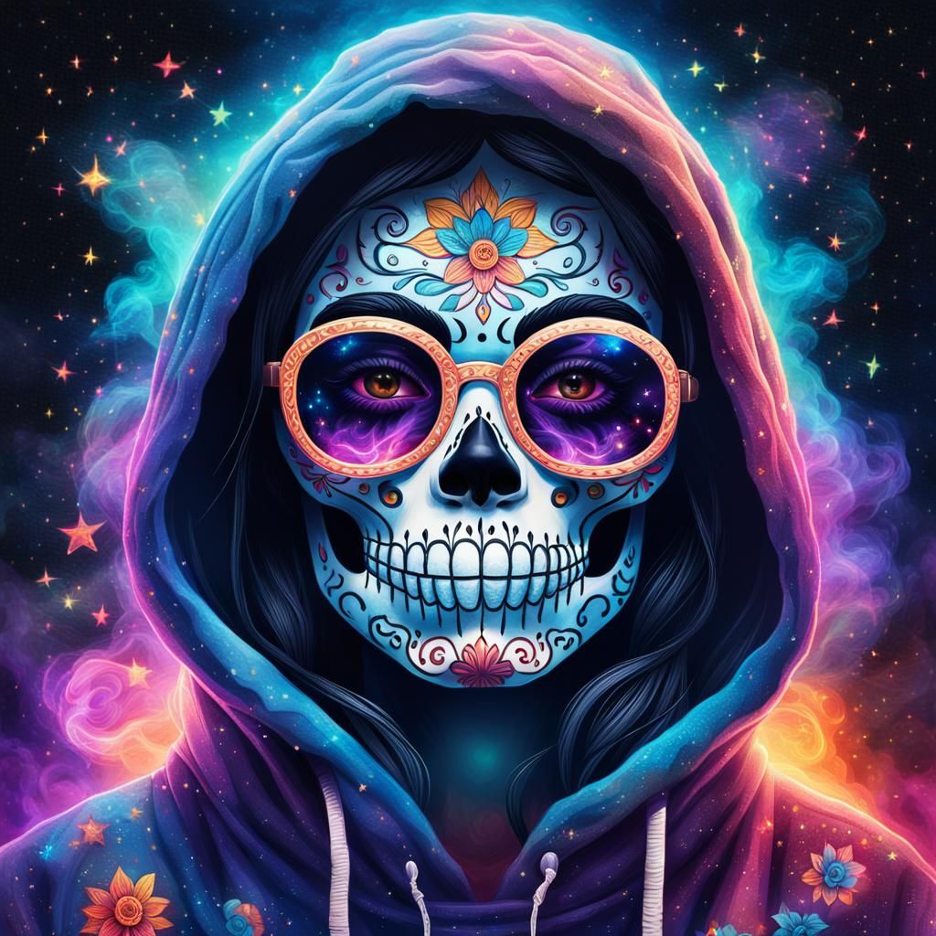 Cosmic Catrina Portrait in Mixed Media Style