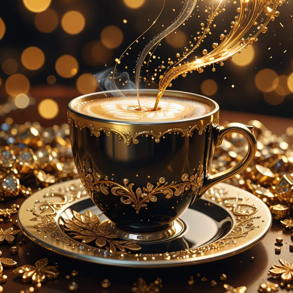 Vibrant Coffee Cup with Fractal Light Effects