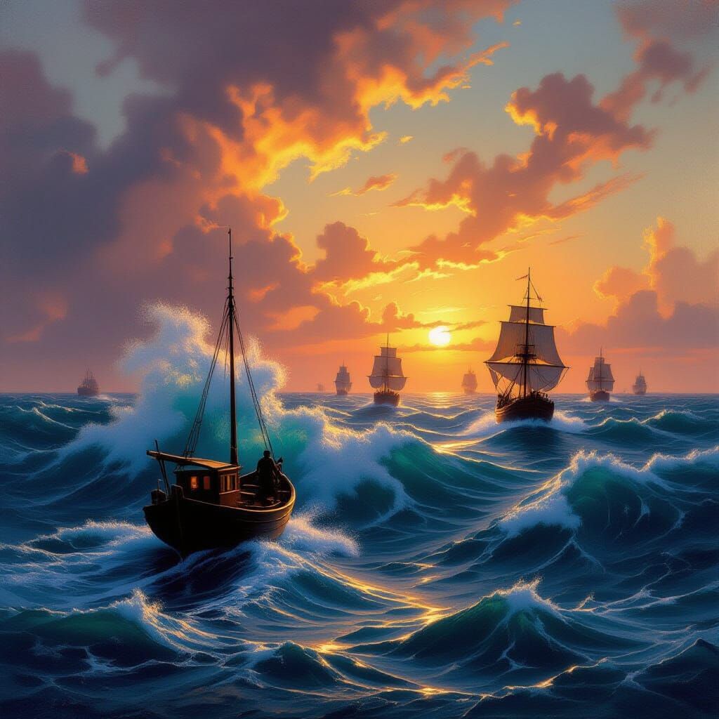 Dramatic Sea Landscape with Fishing Boat and Setting Sun