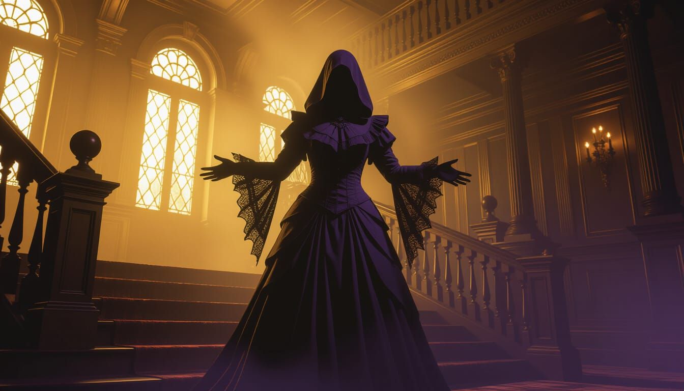 Dark Fantasy Figure in Abandoned Mansion