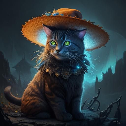 Cat in Whimsical Hat Shop: Surreal Matte Painting