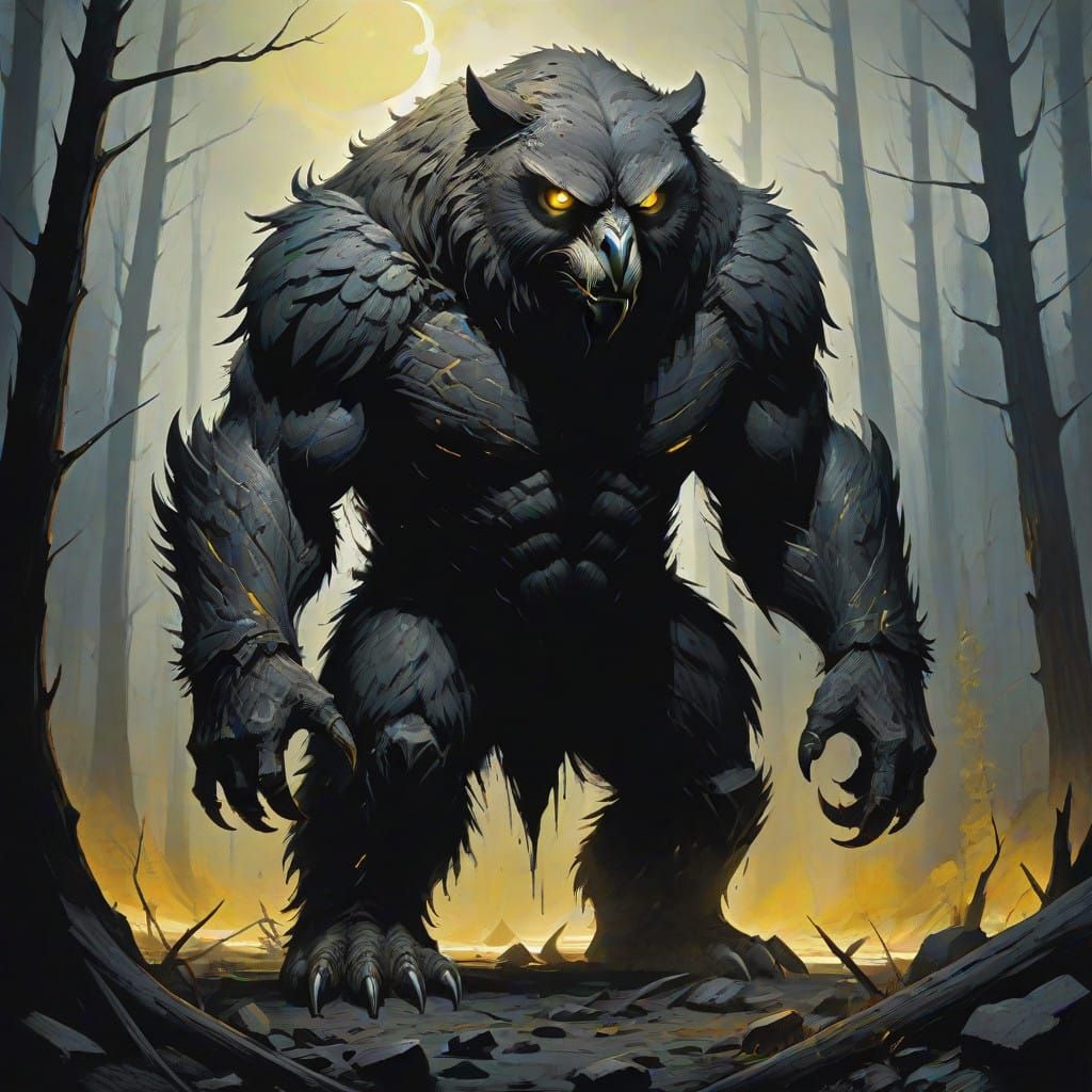 Owl-Bear Hybrid in Dark Forest