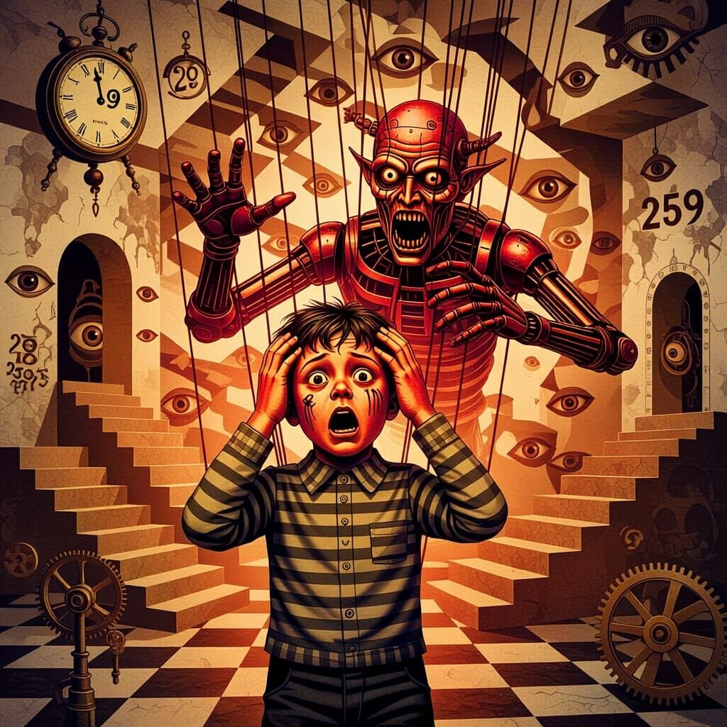 Psychological Horror Art: Terrified Puppet Boy in Fractal Ni...