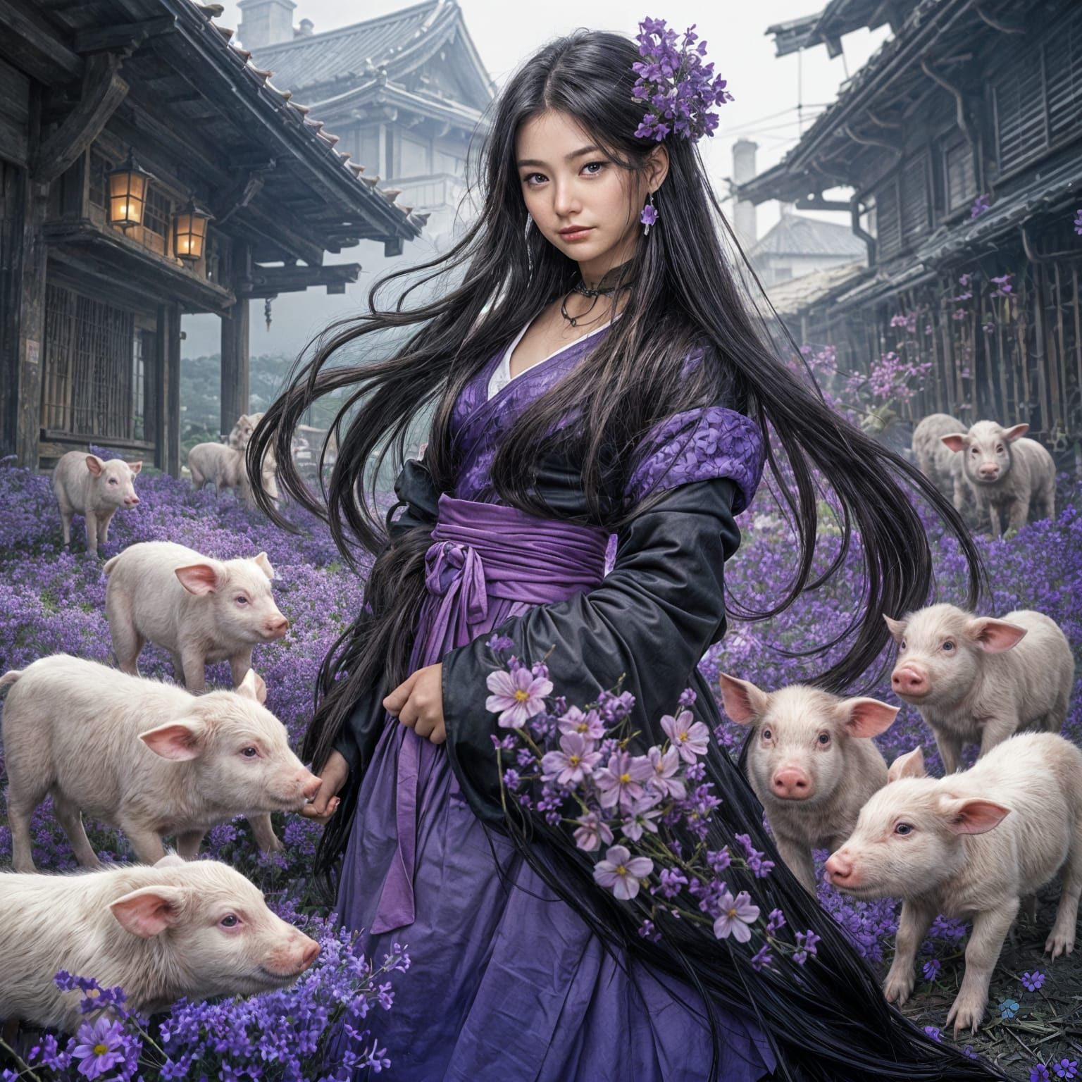 Anime Style: Woman with Piglets and Flowers