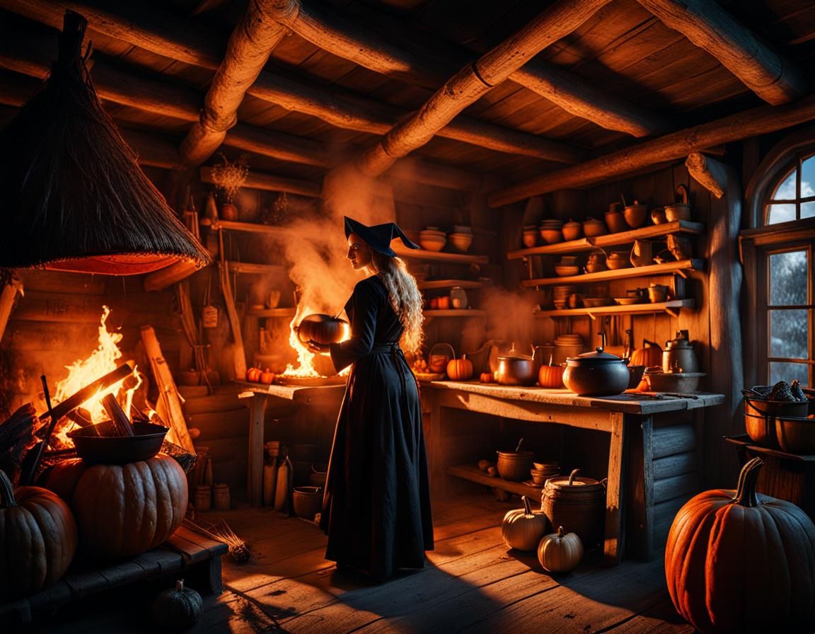 Slavic Witch's Halloween Breakfast in Hyperrealistic Folk Ar...