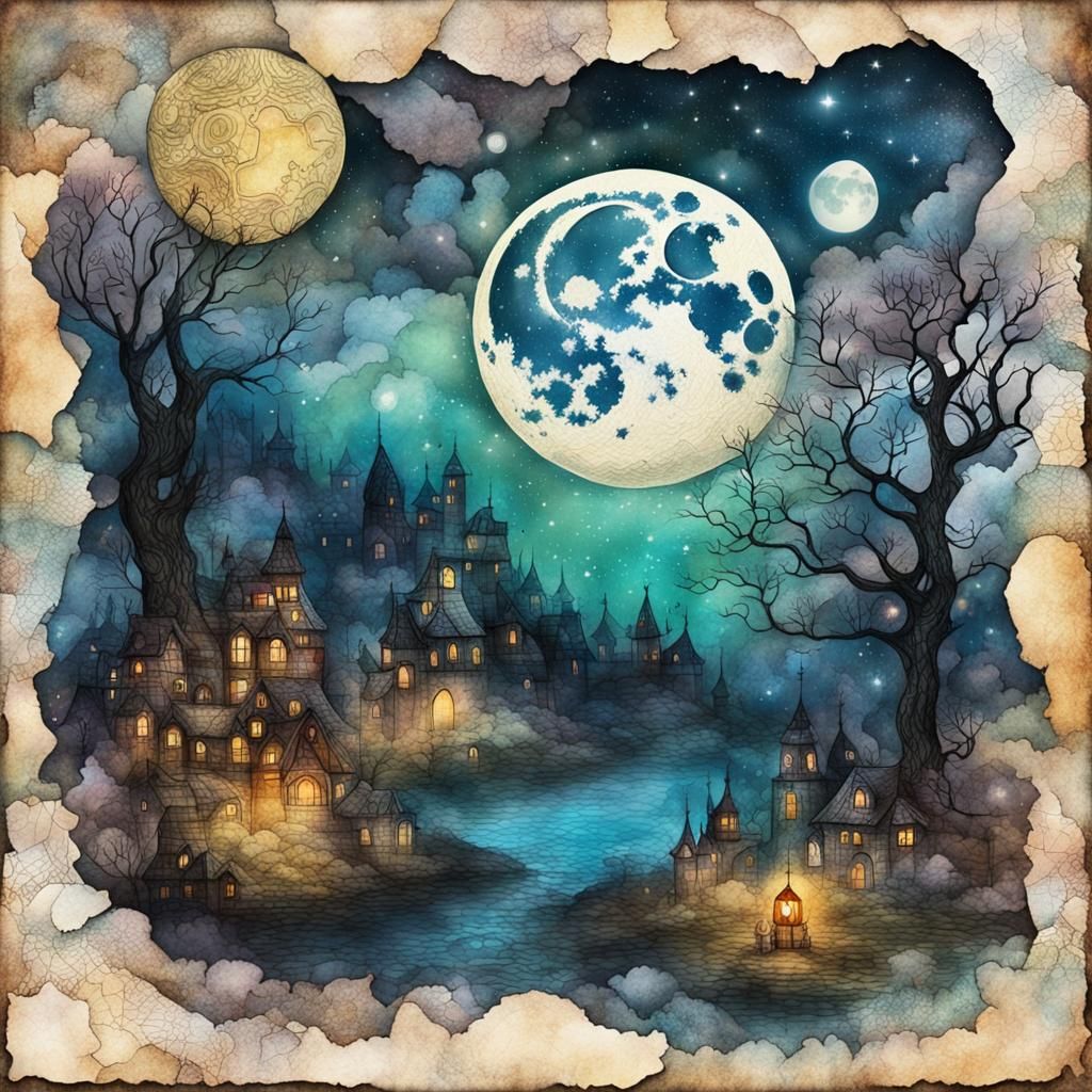 Mythological Moon in Vintage Storybook Illustration