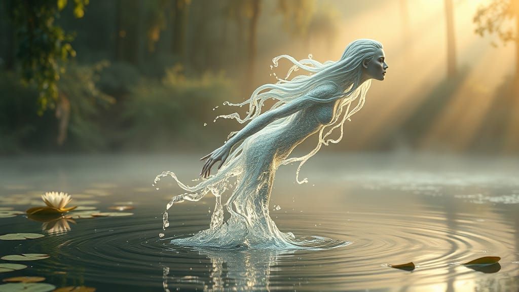 Ethereal Water Nymph Ascends from Misty Pond