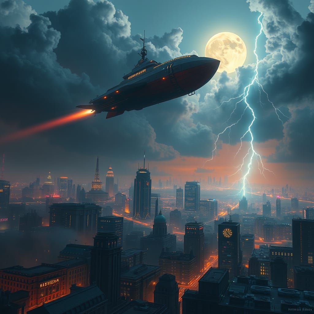 Majestic Flying Ship Soars Above City at Dusk