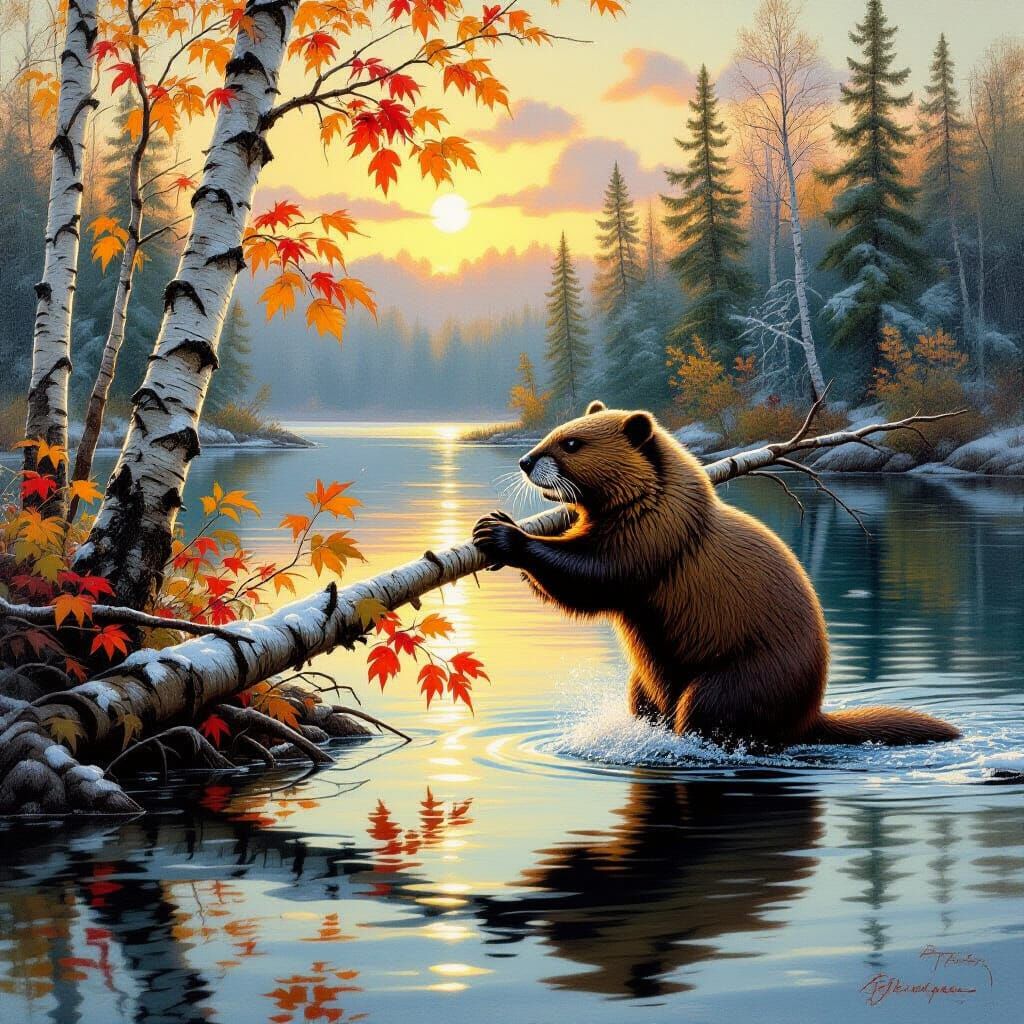 Beaver Building Dam in Autumn Snow, Ontario
