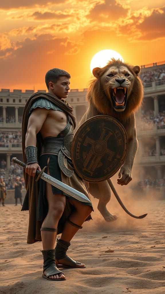 Gladiator Faces Fierce Lion in Ancient Arena