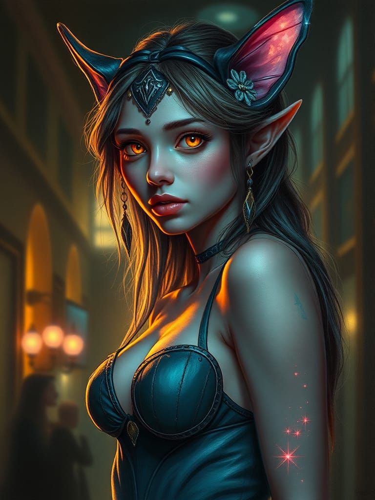 Urban Elf-Panther: Oil Painting in Romantic Style