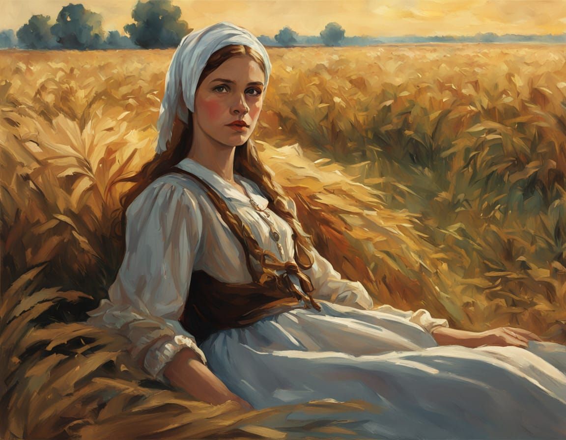 Idyllic Hungarian Peasant Girl in a Serene Hayfield