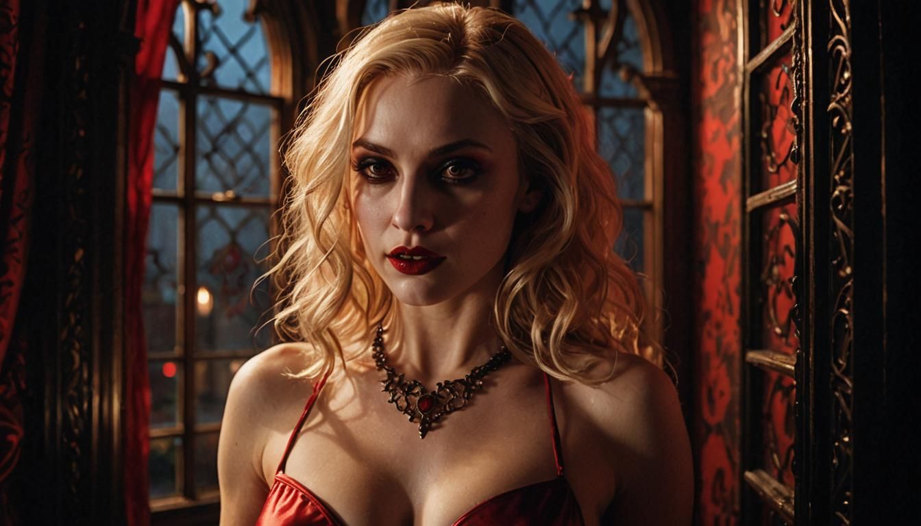 Sensual Vampire in Gothic Bedroom: Photorealistic Close-Up
