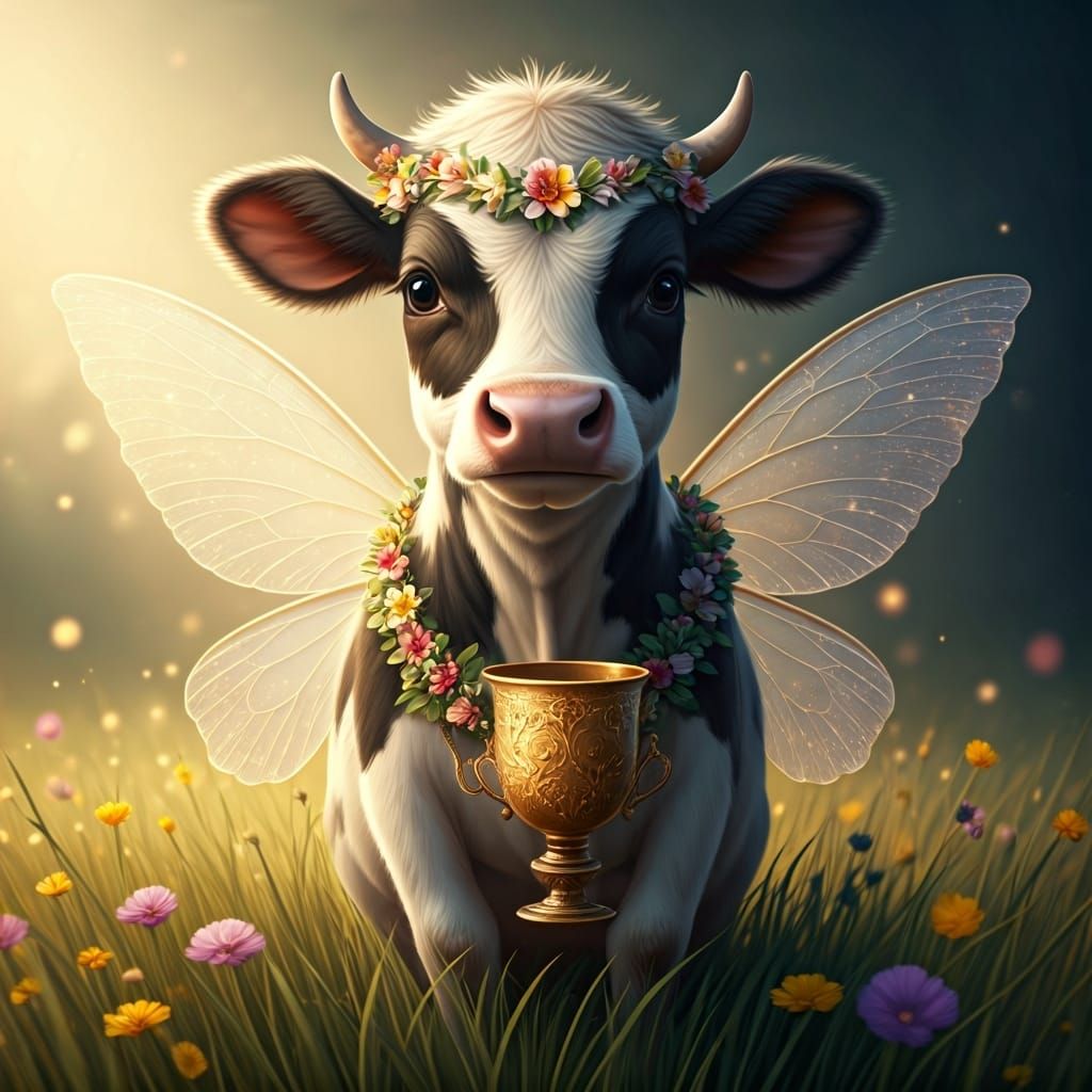 Delicate Fairy Dairy Cow in Whimsical Meadow