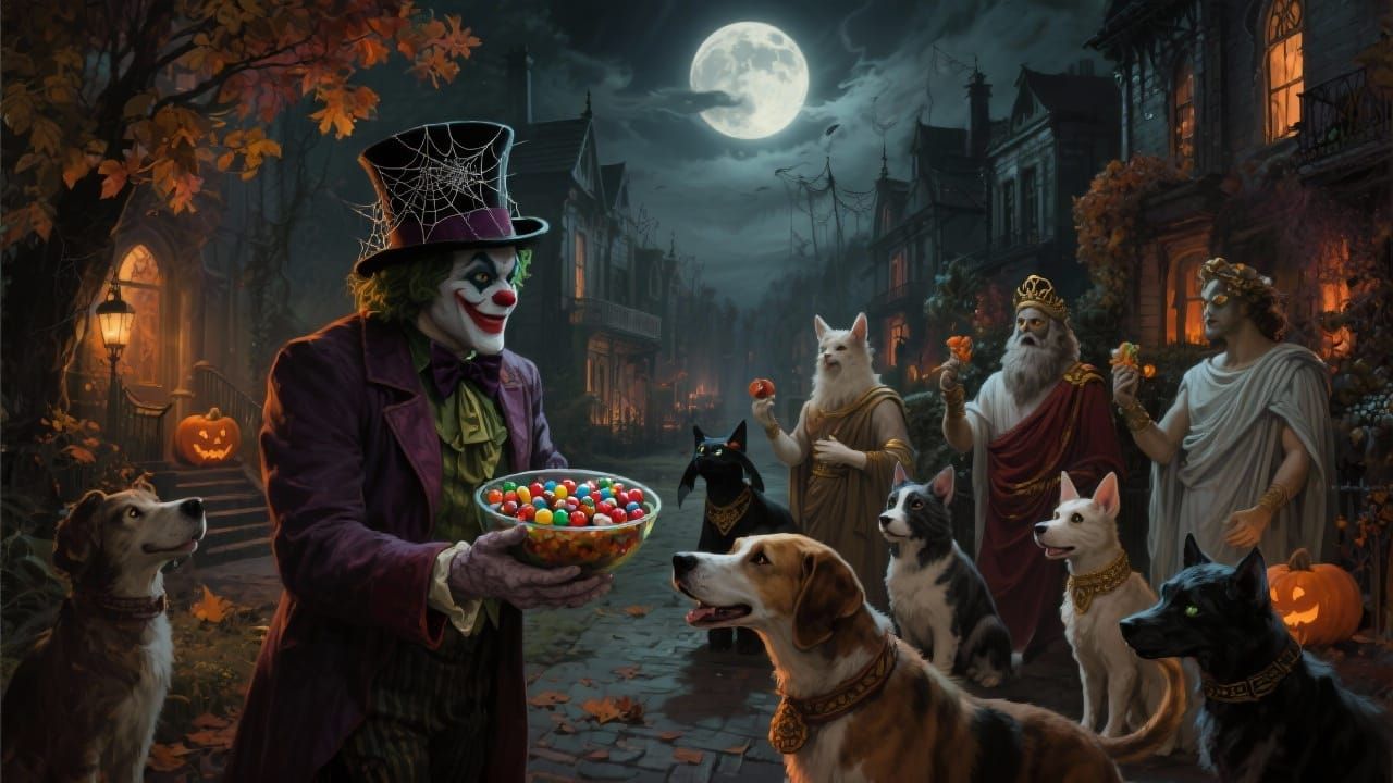 Halloween Victorian Gothic Scene with Costumed Pets