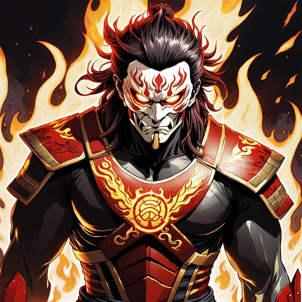 Flaming Superhero with Samurai Hair, Comic Book Art