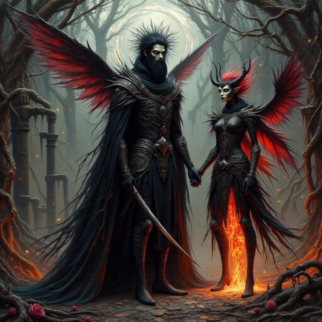 Ominous Figure with Demonic Companion in Gothic Style