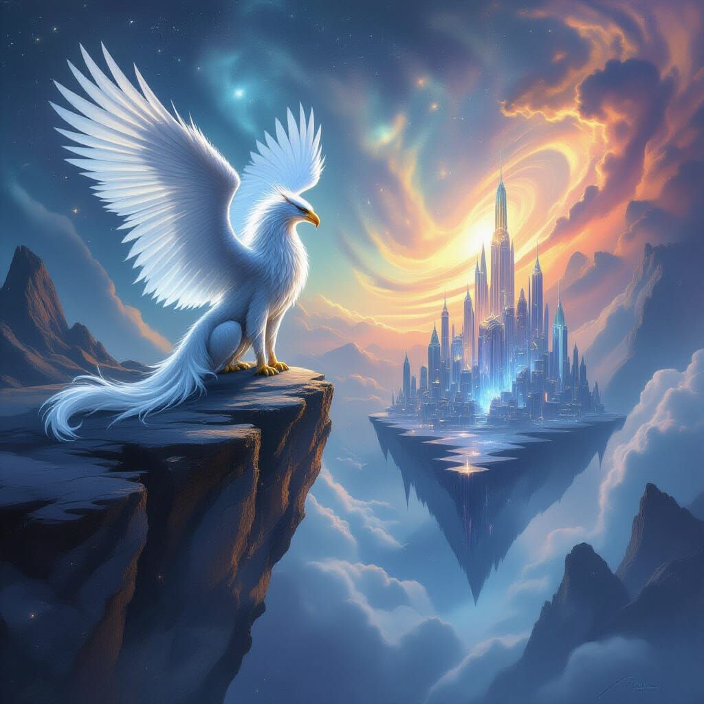 Griffin on Floating Island in Cosmic Nebula