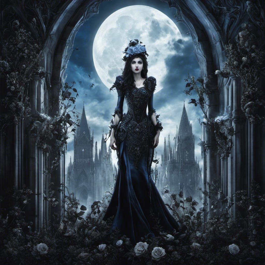 Gothic City with Thorny Roses and Cathedral