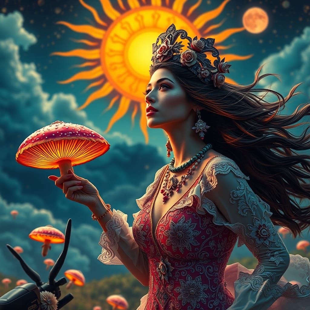 Woman Running Under Sun and Moon in Ornate Style