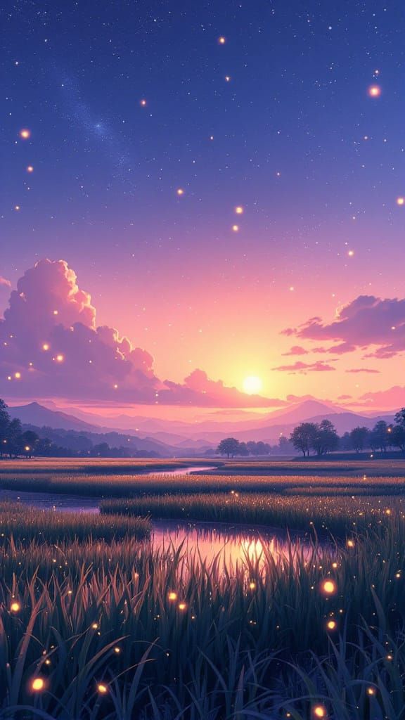 Serene Rice Field at Dusk with Fireflies