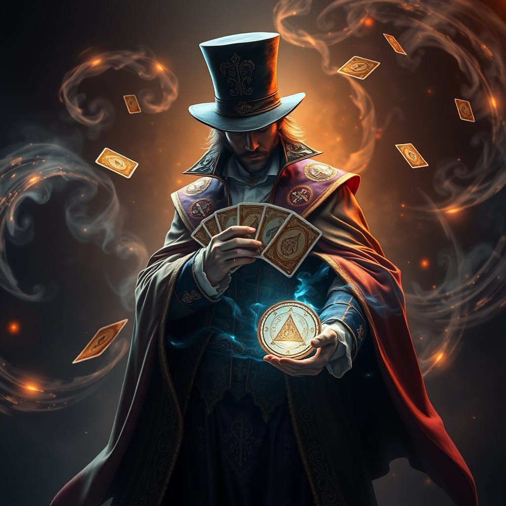 Mystical Magician Conjures Illusions with Cards in Lavish, D...