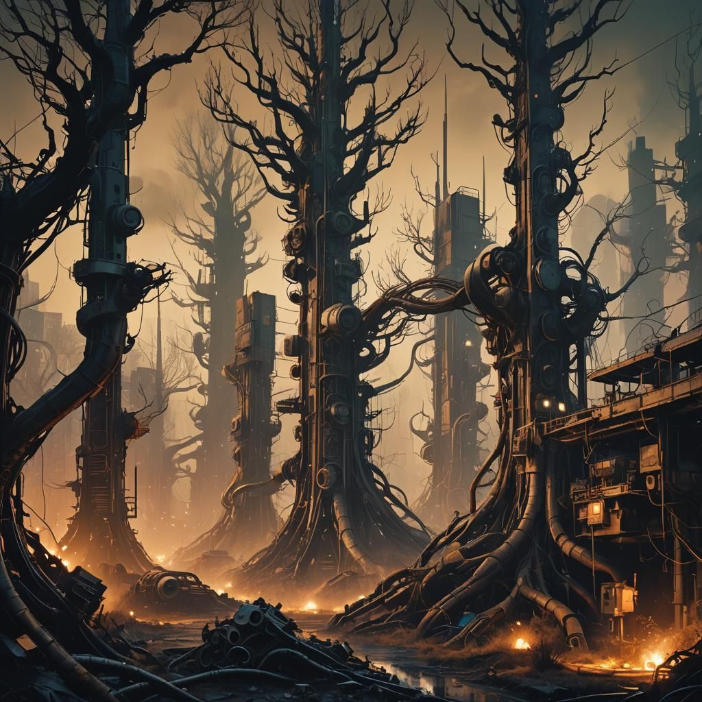 Cyberpunk Forest of Metal Trees in Industrial Landscape