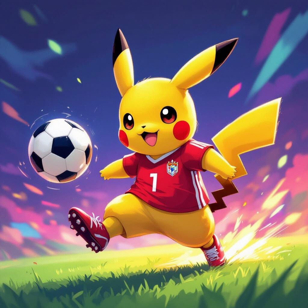Pikachu Plays Soccer in Vibrant Concept Art Style