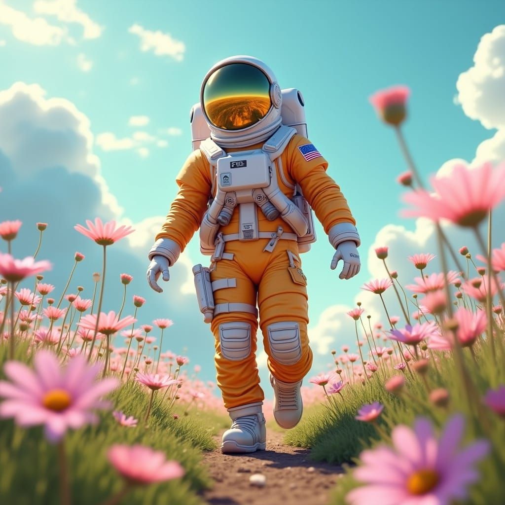 Astronaut Explores Vibrant, Fantastical Daisy Field
