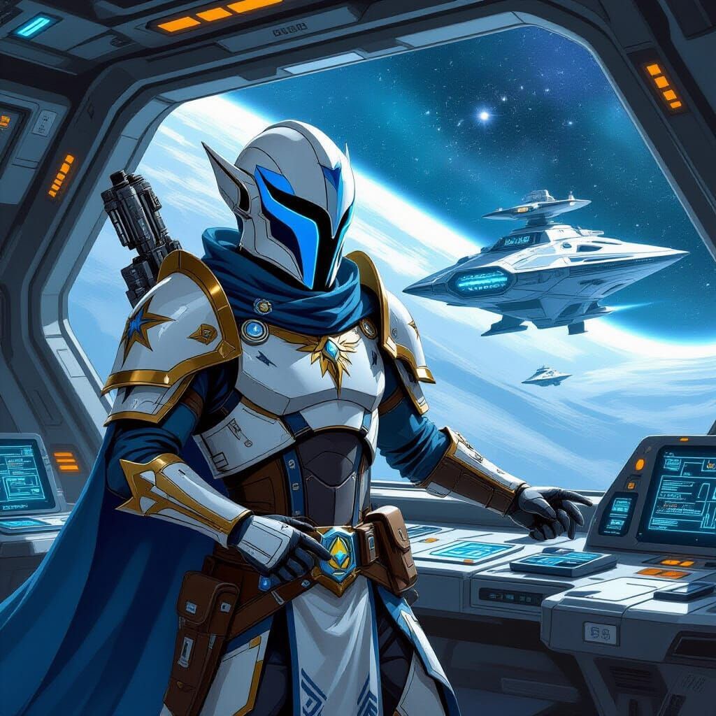 Space Elf Captain on Starship Bridge in RPG Portrait Style