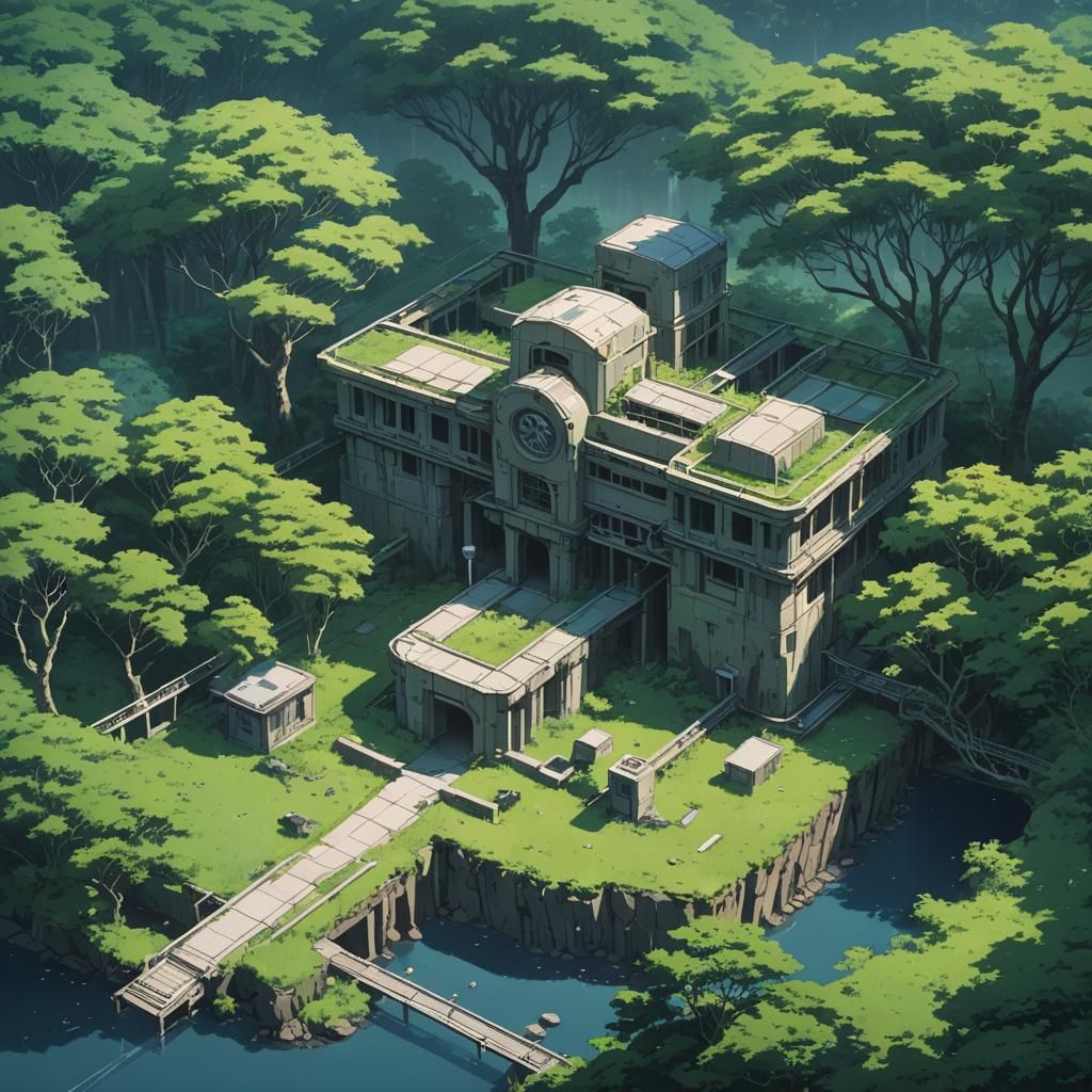 Abandoned Research Facility near Ruins: Ghibli Style