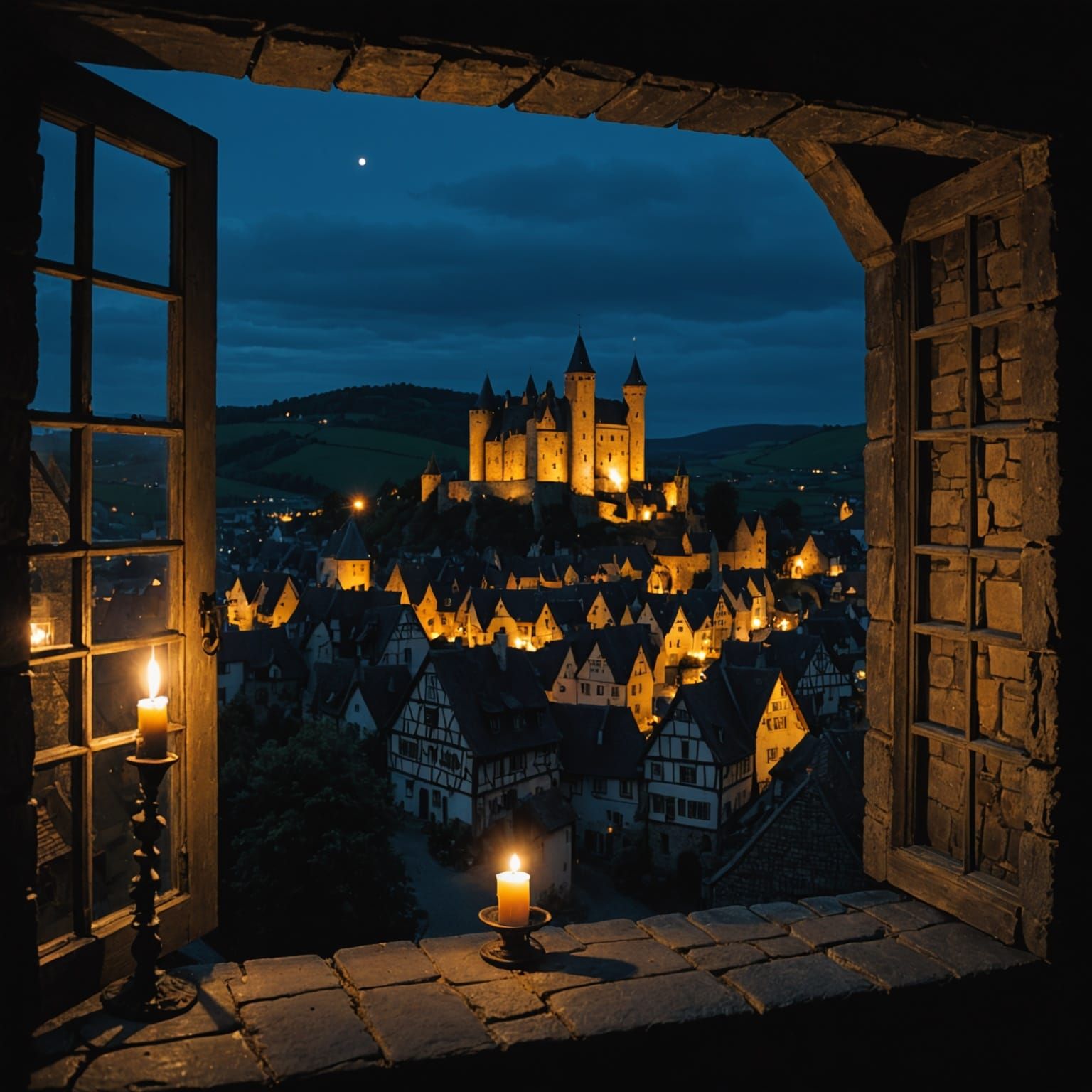 Glowing Medieval Village Nighttime Scene