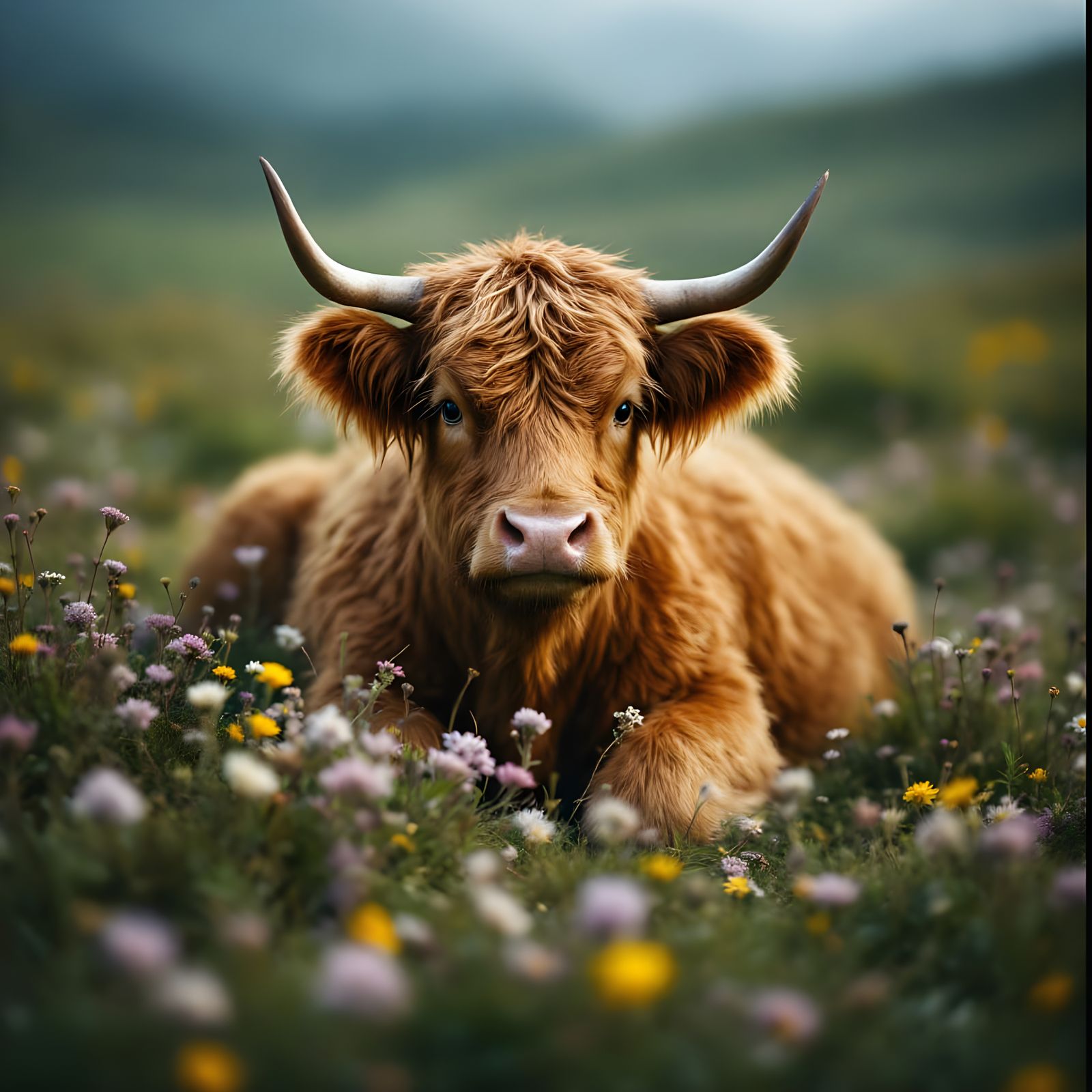 Cinematic Highland Cow Basks in Spring Blooms