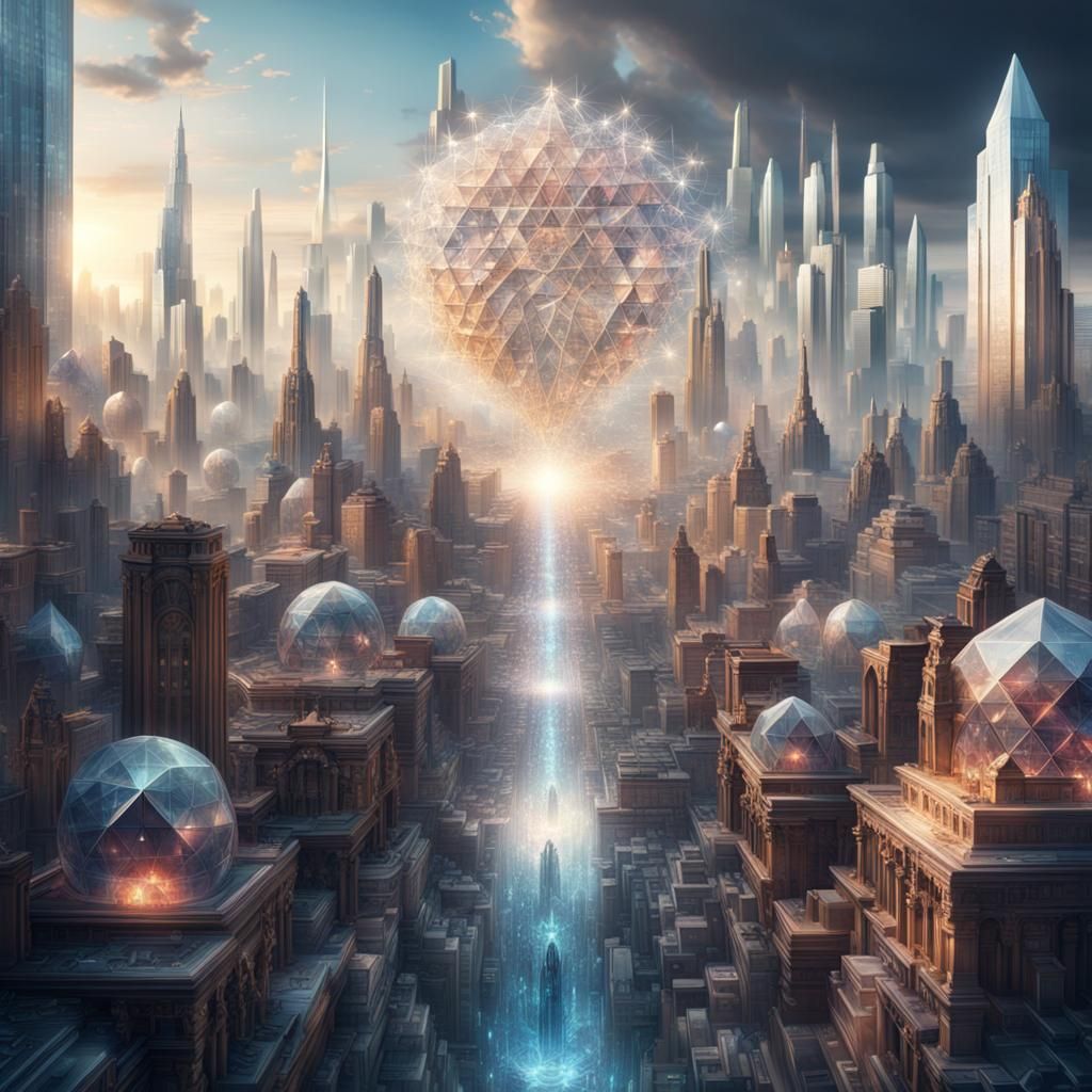 Crystalline Cityscape with Refractive Light