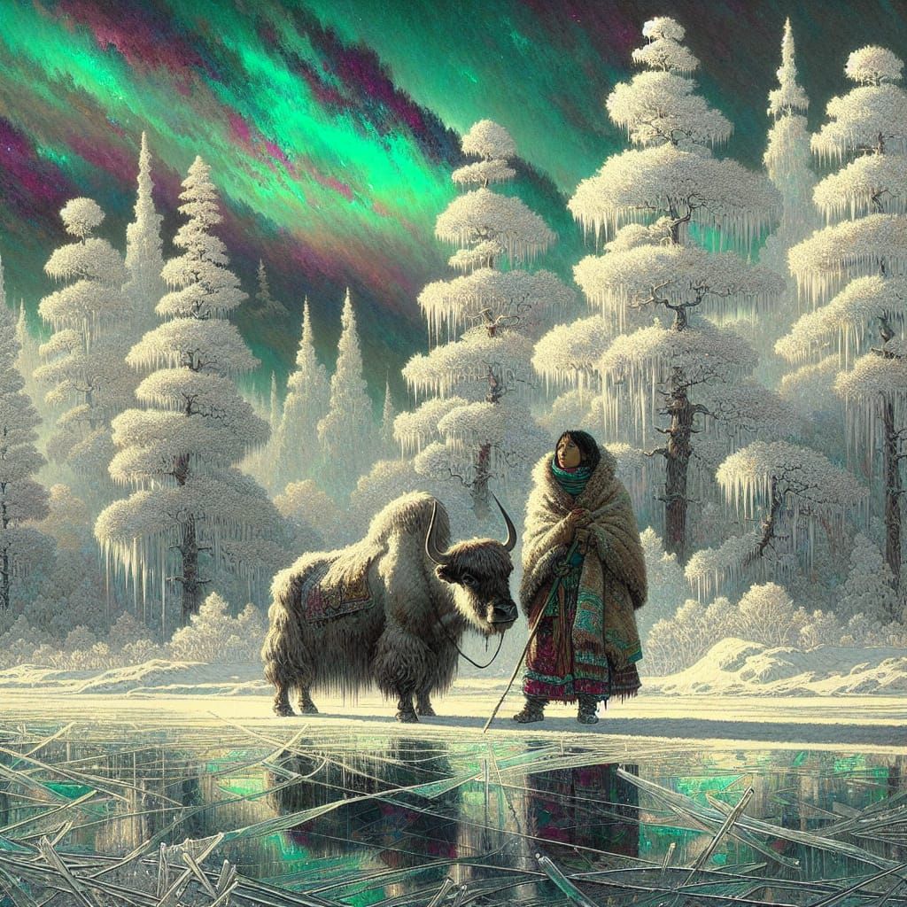 Barbarian Girl and Yak in Winter Landscape