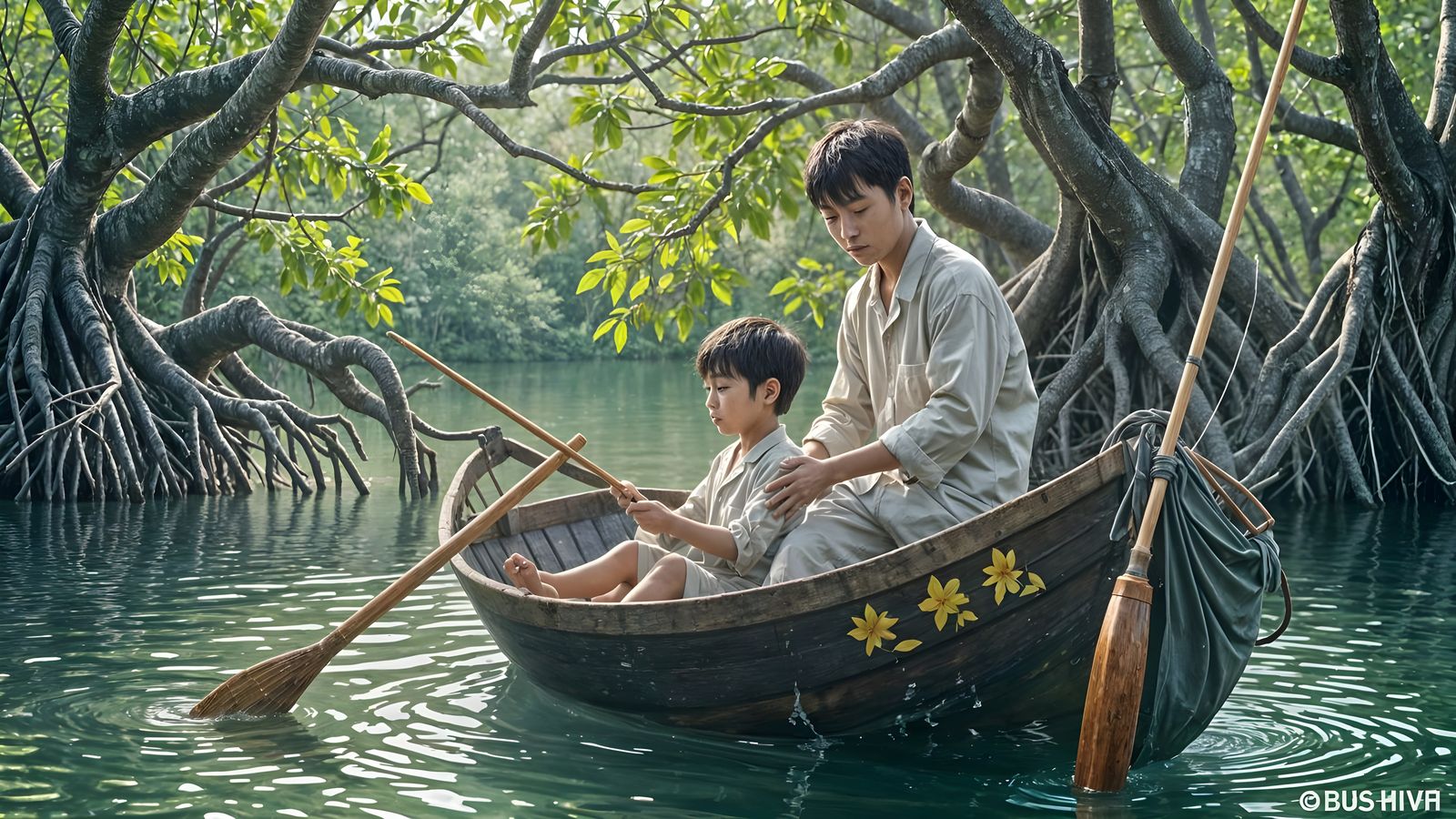 Japanese Father and Son Fish in 1950s Mangrove Lake