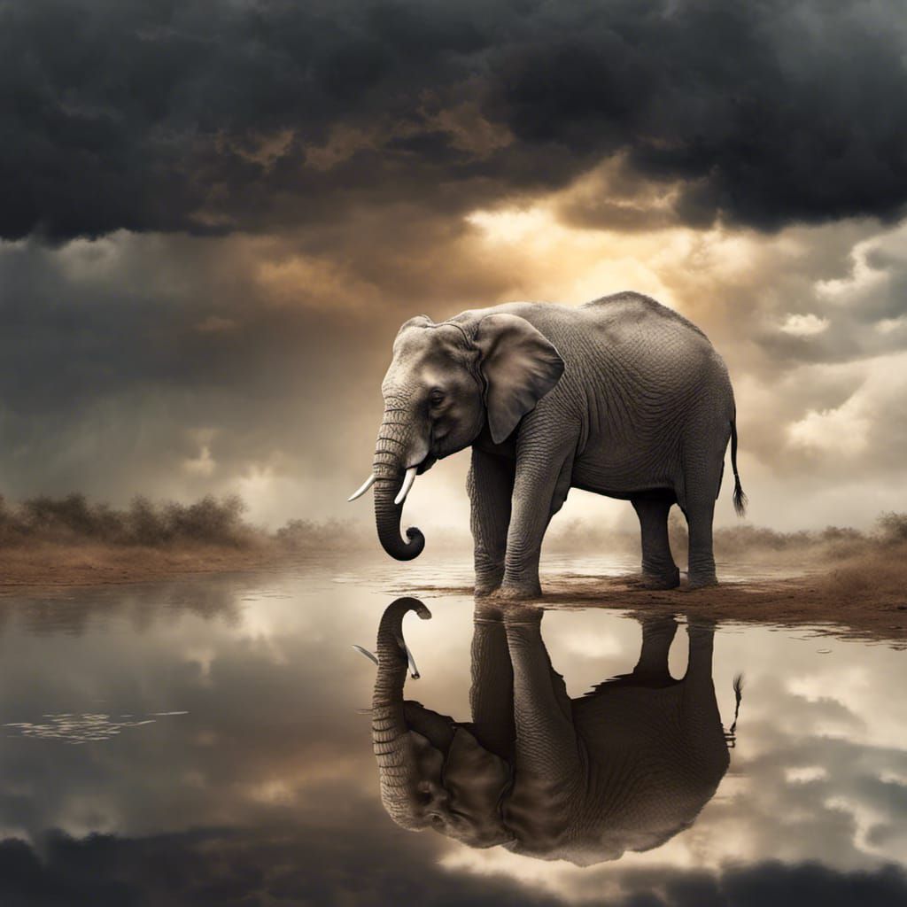 Hyperrealistic Elephant Sees Reflection in Stormy Water