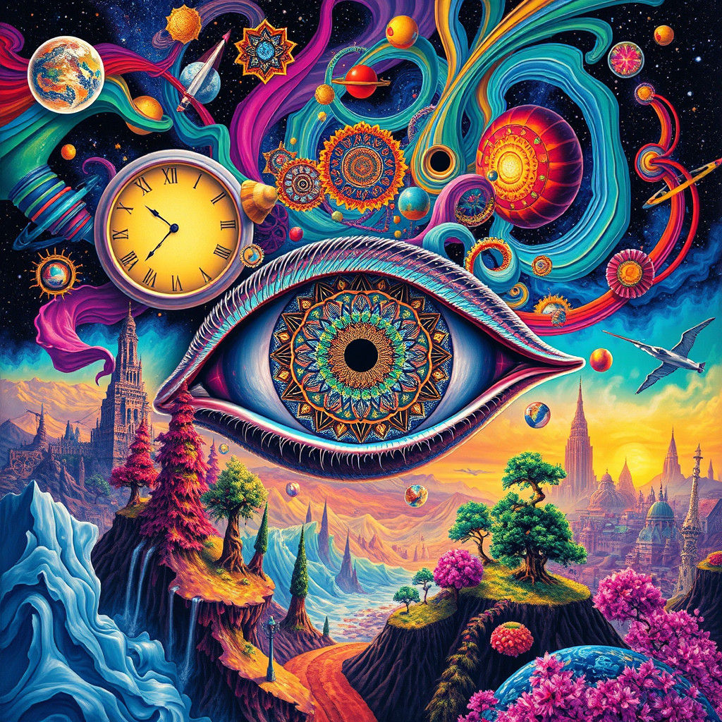 Psychedelic Eye with Melting Clocks in Surreal Landscape