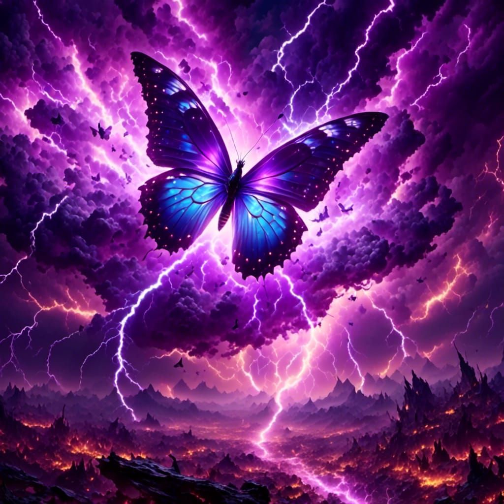 Purple Butterfly in Fantasy Lightning Storm