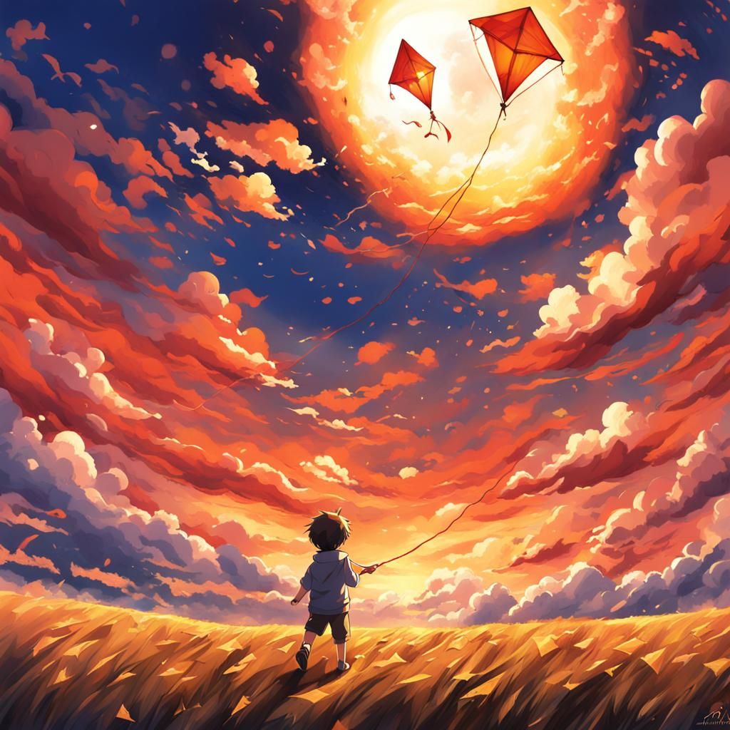 Child Flying Kite in Fiery Anime Sky