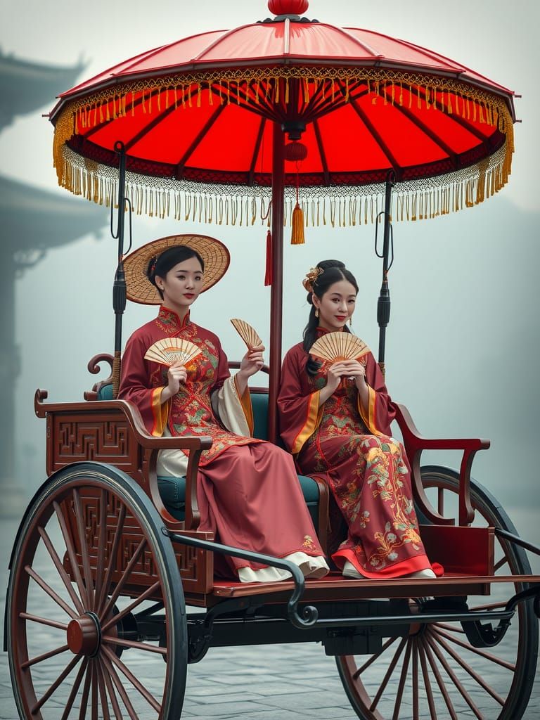 Elegant Chinese Rickshaw Scene in Impressionist Style