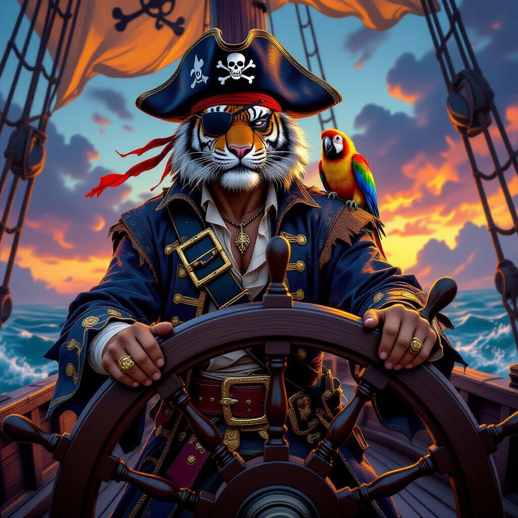 Tiger Pirate Captain on Ship, Dark Fantasy Art
