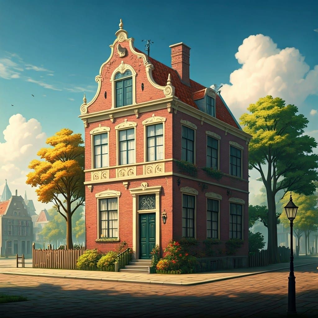 Traditional Dutch House with Steeply Pitched Roof and Ornate...